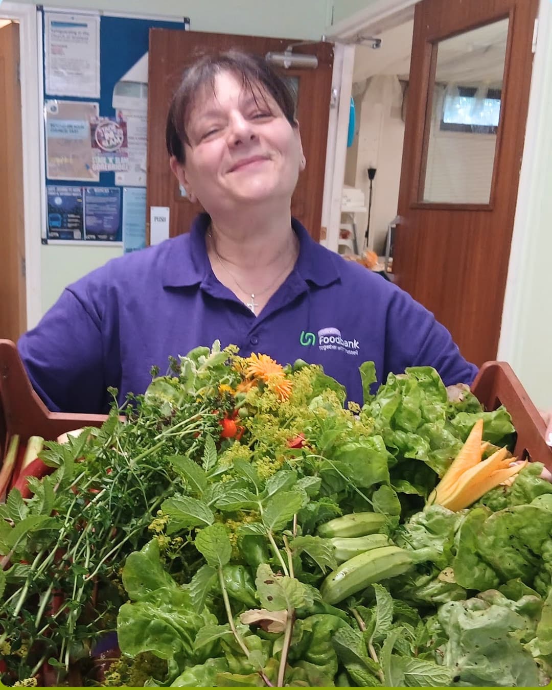 Crate of fresh organic vegetables and herbs from a growing project